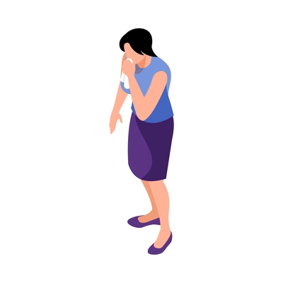 Isometric allergy composition with human character of woman sneezing in cloth on blank background vector illustration