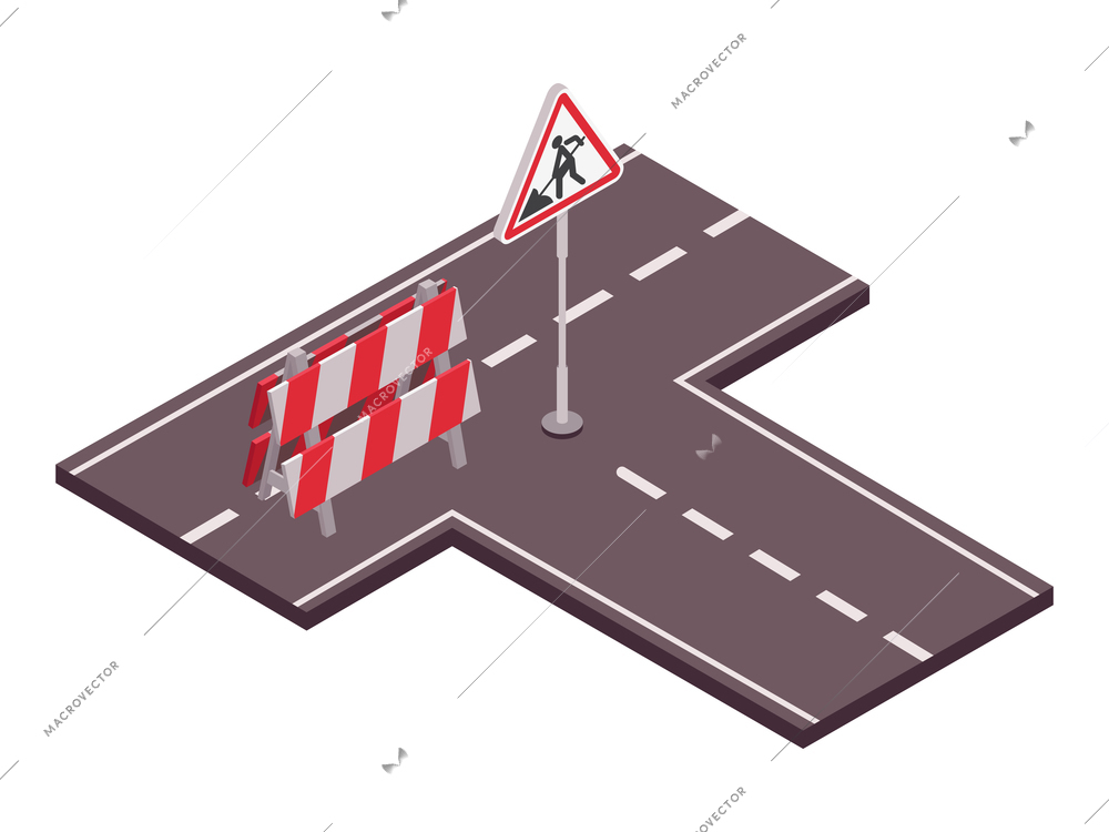 Road set isometric composition with view of motorway with barrier and roadway maintenance traffic sign vector illustration