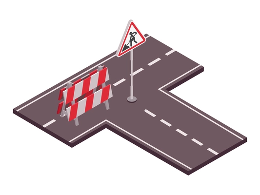 Road set isometric composition with view of motorway with barrier and roadway maintenance traffic sign vector illustration