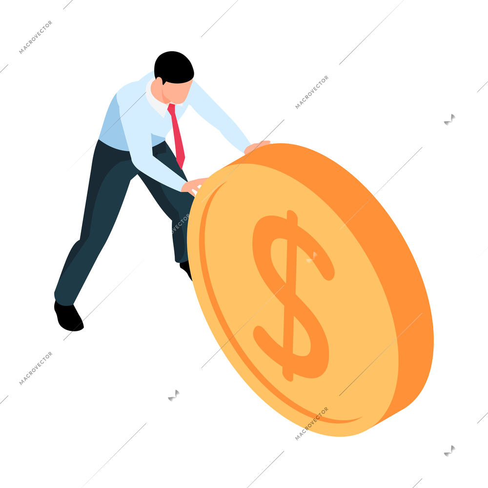 Isometric winner businessman composition with human character of business worker pushing huge coin on blank background vector illustration