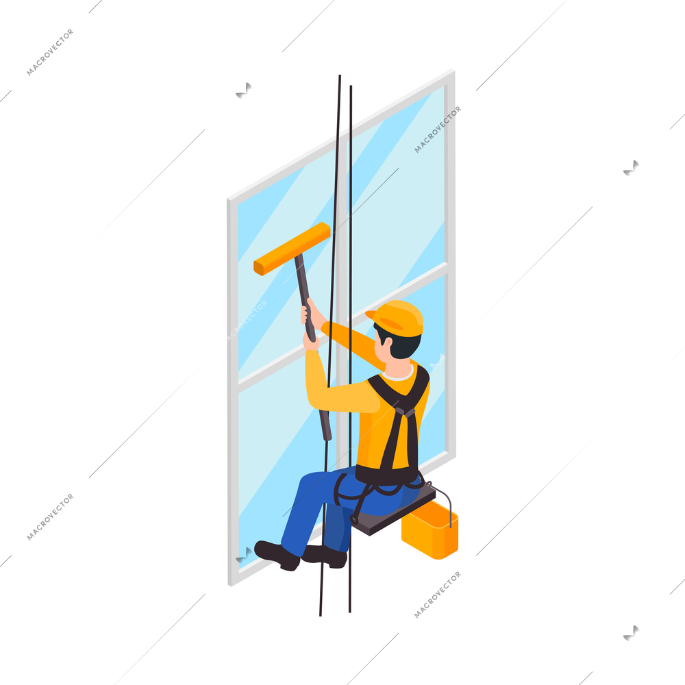 Professional cleaning service isometric composition with character of hanging male worker washing window on blank background vector illustration