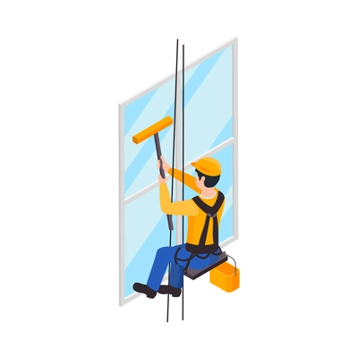 Professional cleaning service isometric composition with character of hanging male worker washing window on blank background vector illustration