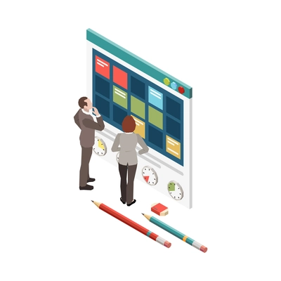 Time management planning schedule deadline isometric composition with characters of workers and calendar with task marks vector illustration