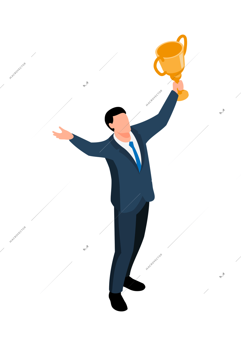 Isometric winner businessman composition with human character of businessman holding cup award on blank background vector illustration