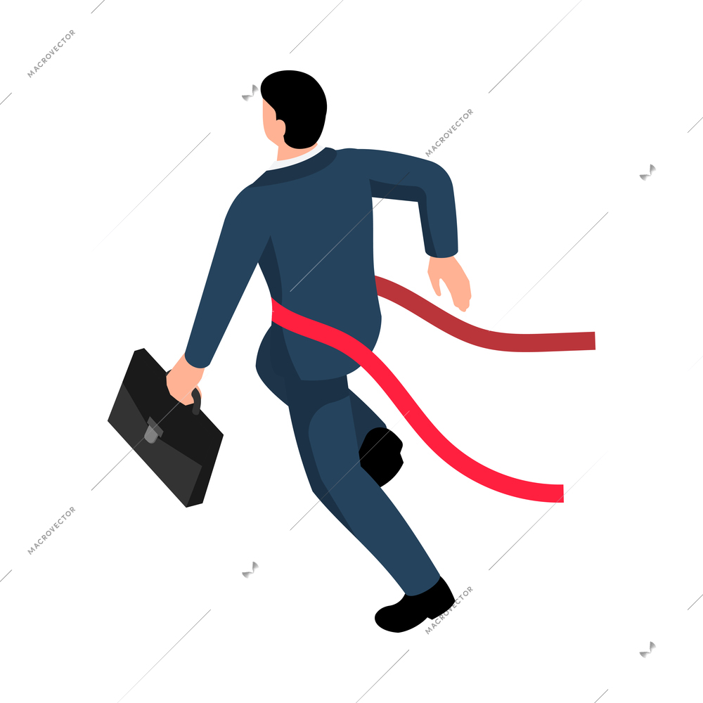 Isometric winner businessman composition with human character of running businessman crossing finish line on blank background vector illustration