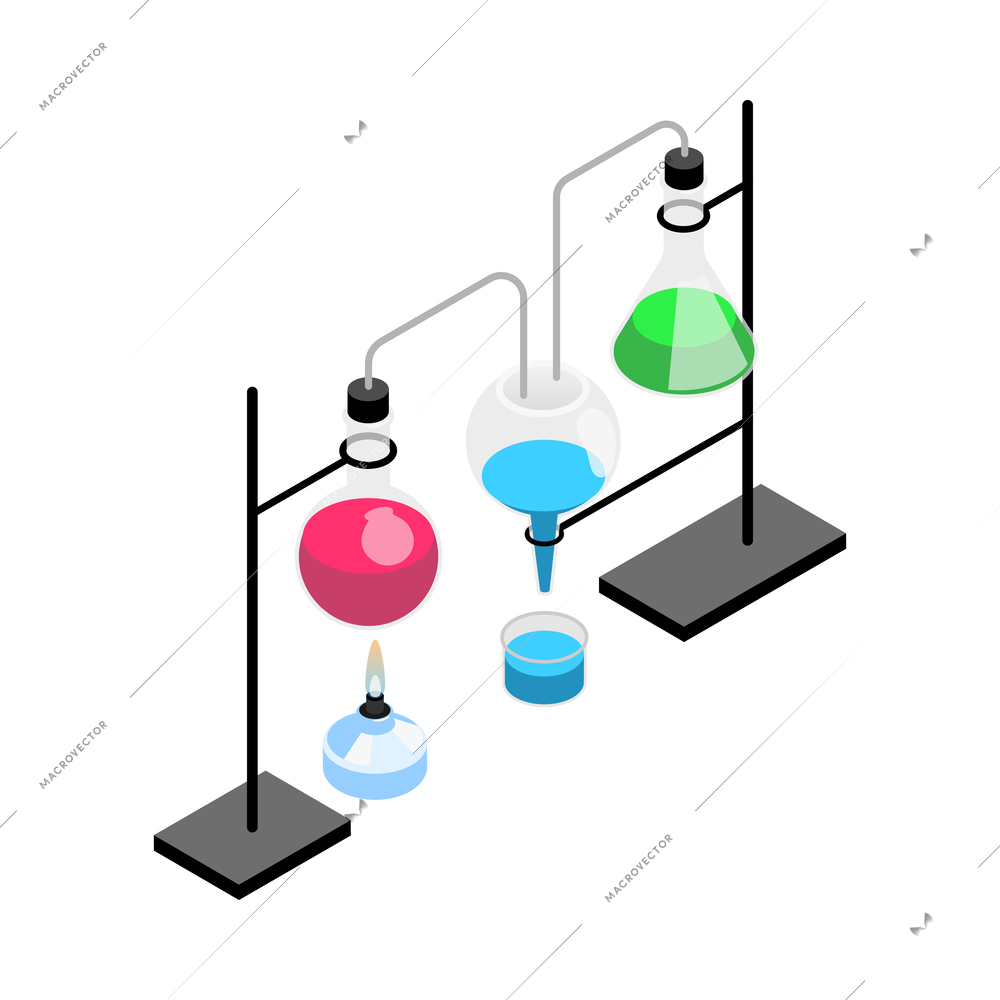 Isometric pharmaceutic laboratory research composition with isolated image of test tubes and vials on stands vector illustration