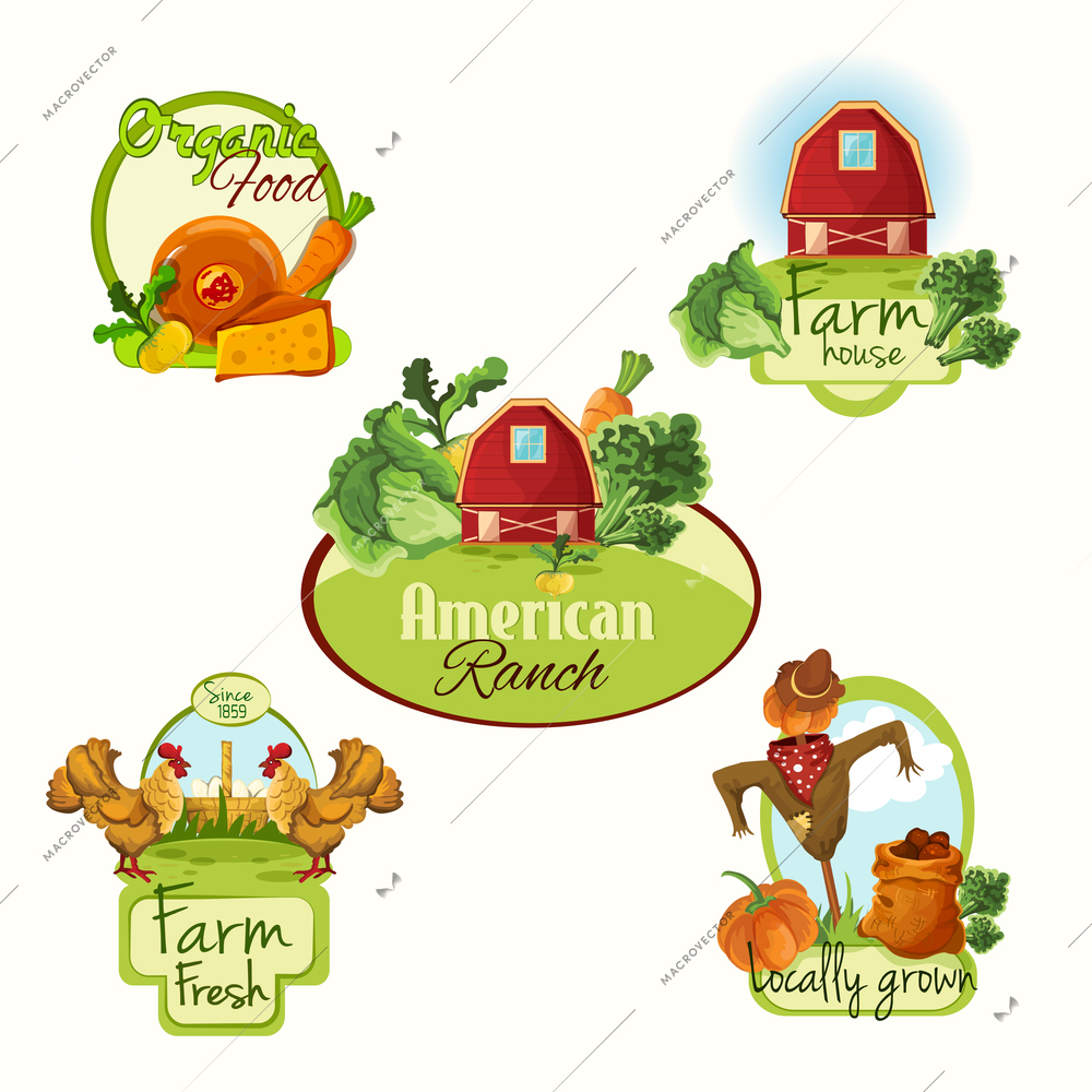 Farm organic food house american ranch fresh locally grown labels colored set isolated vector illustration