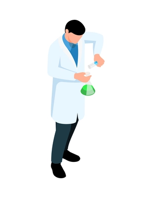 Isometric pharmaceutic laboratory research scientists composition with isolated character of scientist holding test tube vector illustration