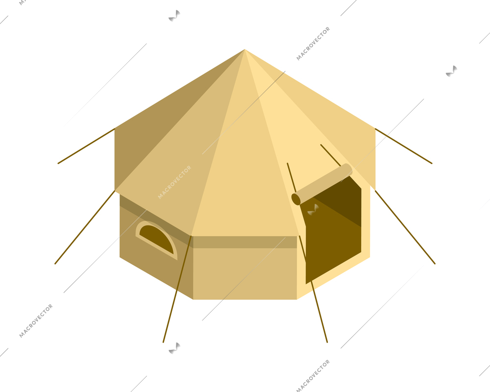 Isometric safari composition with isolated image of shelter tent on blank background vector illustration