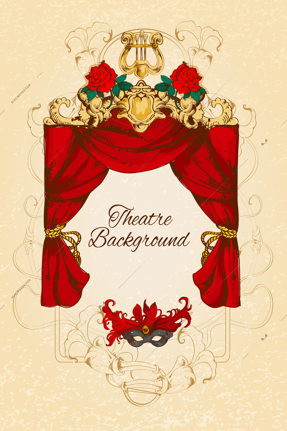 Theatre acting performance colored sketch decorative background with roses and decoration vector illustration