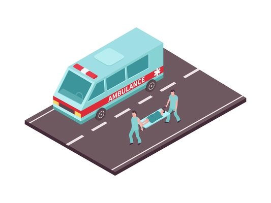 Road set isometric composition with view of motorway with ambulance car and crew carrying victim vector illustration