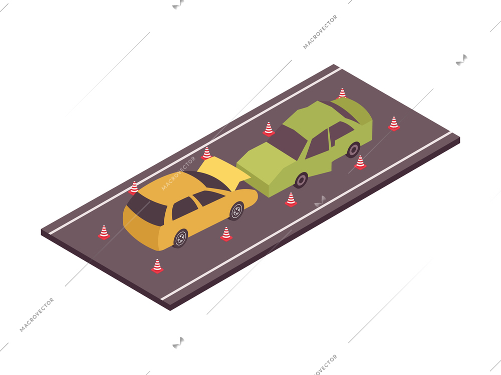 Road set isometric composition with view of motorway with two crashed cars surrounded by traffic cones vector illustration