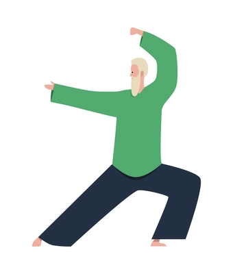 Healthy lifestyle flat composition with isolated character of elderly man in warrior pose on blank background vector illustration