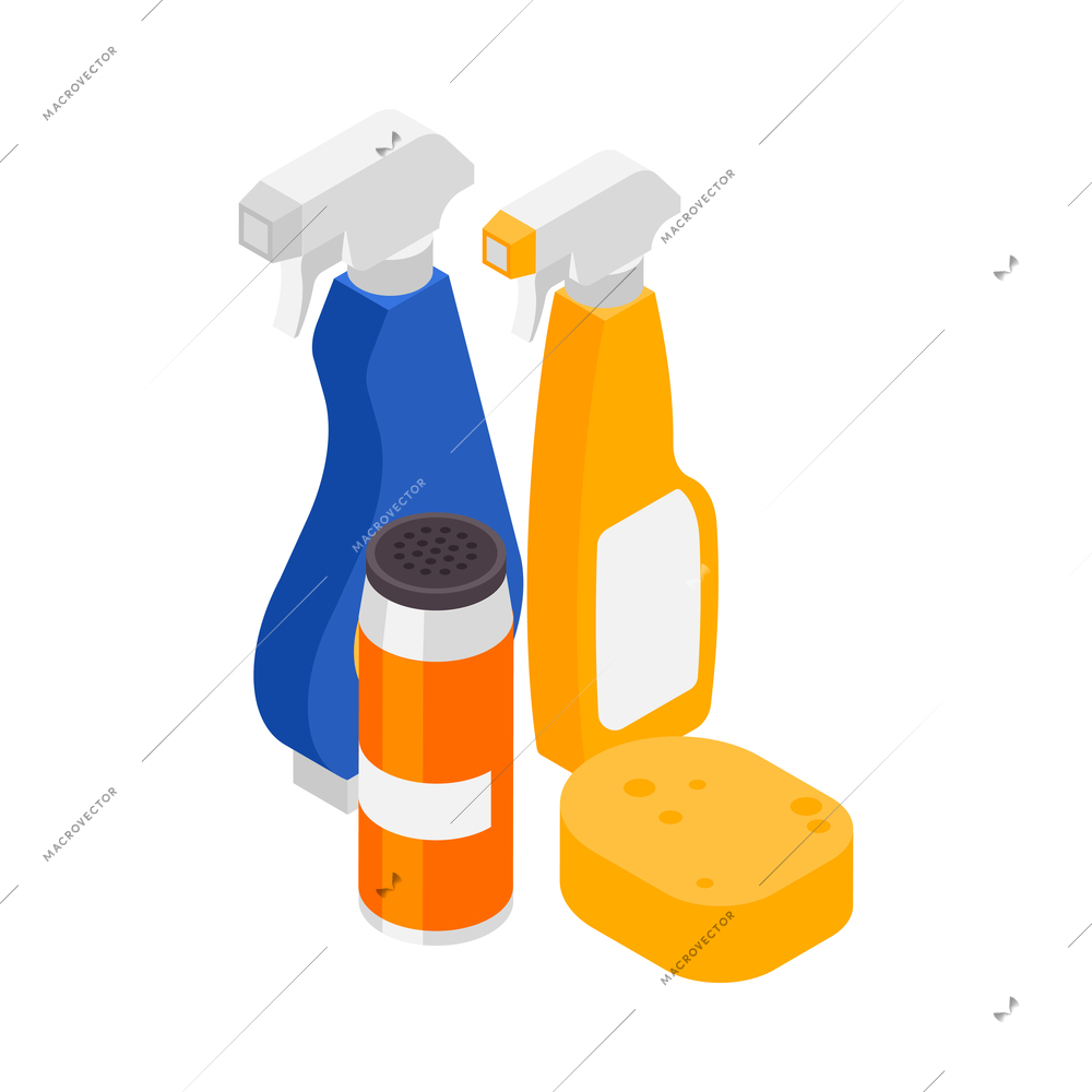Professional cleaning service isometric composition with isolated images of cleaning detergents with sponge on blank background vector illustration