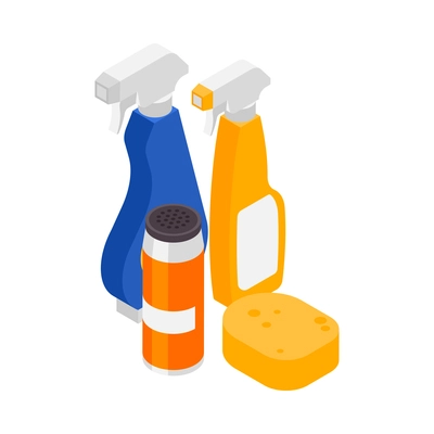 Professional cleaning service isometric composition with isolated images of cleaning detergents with sponge on blank background vector illustration