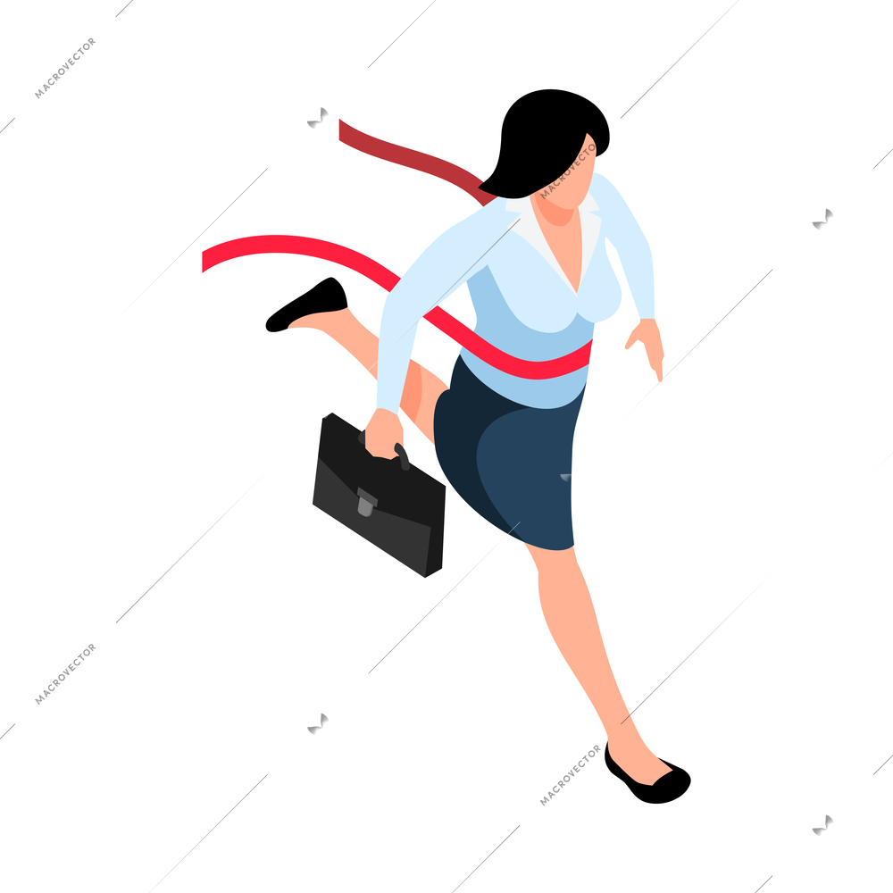 Isometric winner businessman composition with human character of running businesswoman crossing finish line on blank background vector illustration