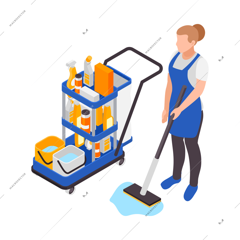 Professional cleaning service isometric composition with view of janitorial supplies on wheel cart with female worker vector illustration
