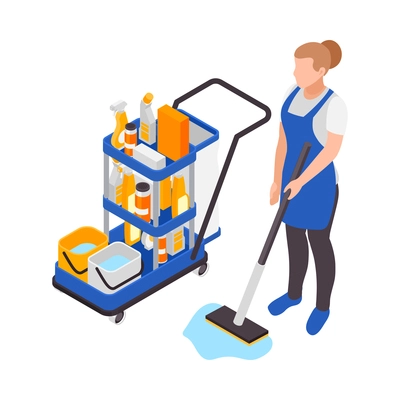 Professional cleaning service isometric composition with view of janitorial supplies on wheel cart with female worker vector illustration