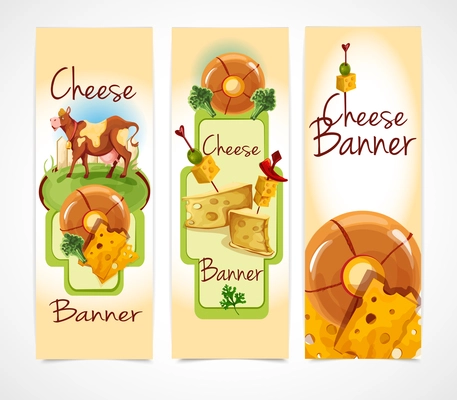 Natural cheese food assortment colored decorative vertical banners set isolated vector illustration