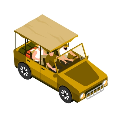 Isometric safari composition with isolated image of car with tourists on blank background vector illustration