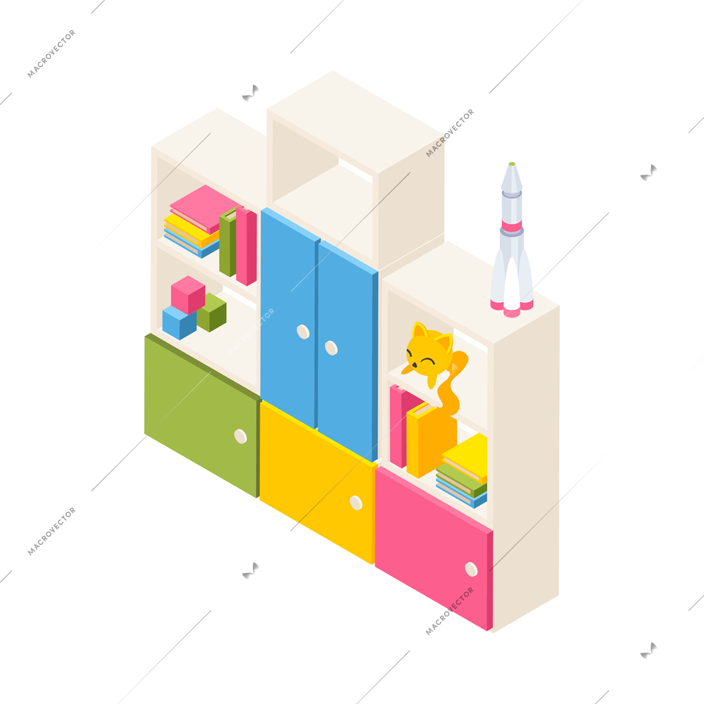 Kindergarten isometric composition with isolated image of colorful cabinet with toys on blank background vector illustration