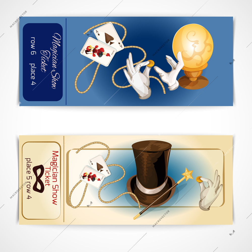 Magician show tickets set with magic and illusion accessory isolated vector illustration