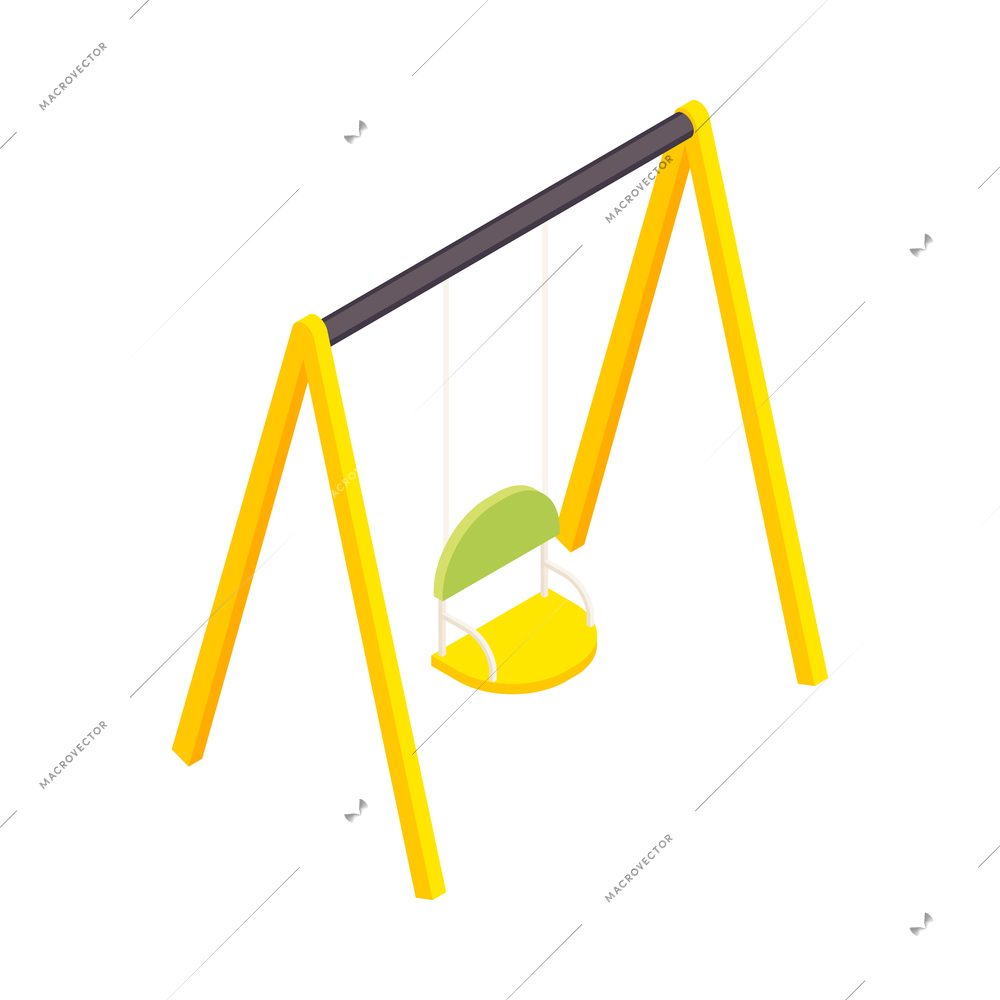 Kindergarten isometric composition with isolated image of metal frame with single seat swing on blank background vector illustration