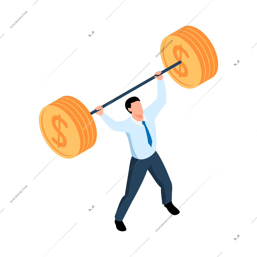 Isometric winner businessman composition with human character of business worker lifting coin barbell on blank background vector illustration