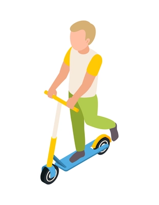 Kindergarten isometric composition with isolated character of little boy riding kick scooter on blank background vector illustration