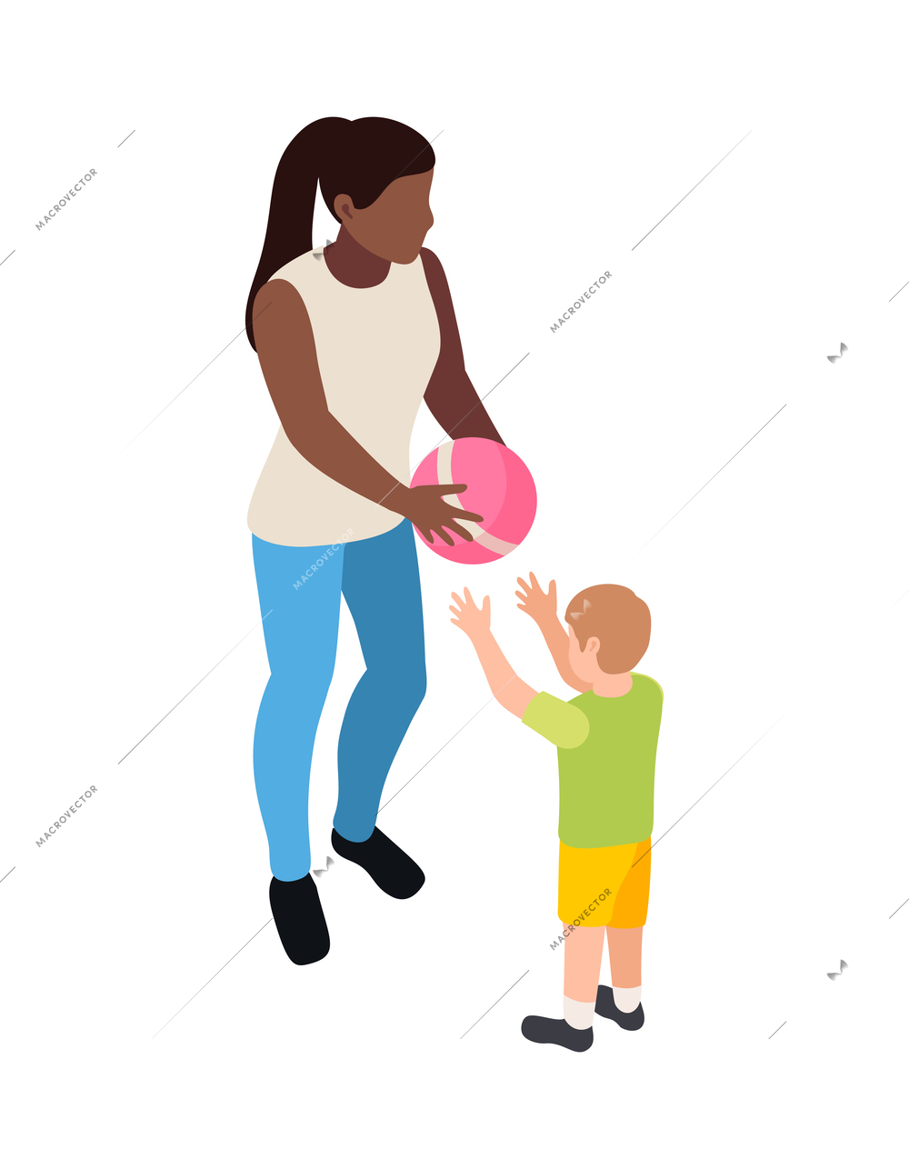 Kindergarten isometric composition with isolated characters of boy and nursery teacher with ball on blank background vector illustration