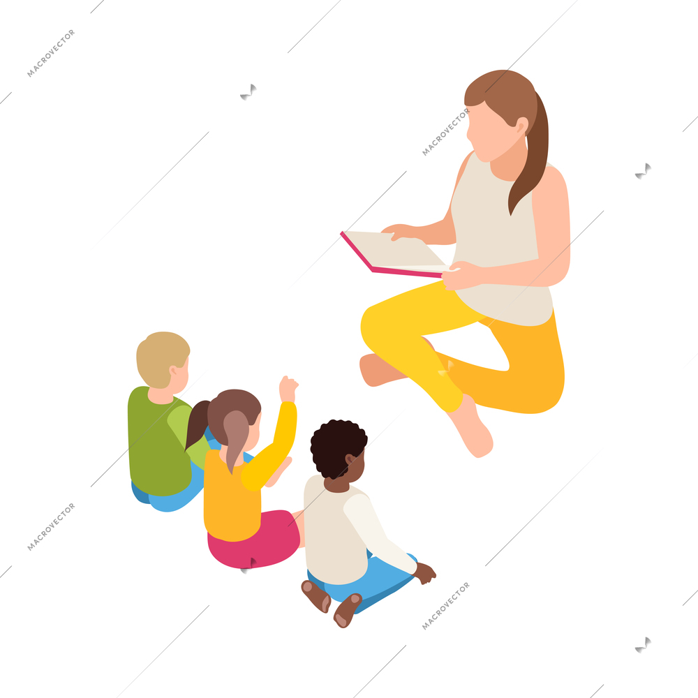 Kindergarten isometric composition with isolated character of nursery reacher reading out book for three kids vector illustration