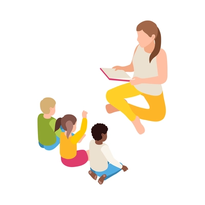 Kindergarten isometric composition with isolated character of nursery reacher reading out book for three kids vector illustration