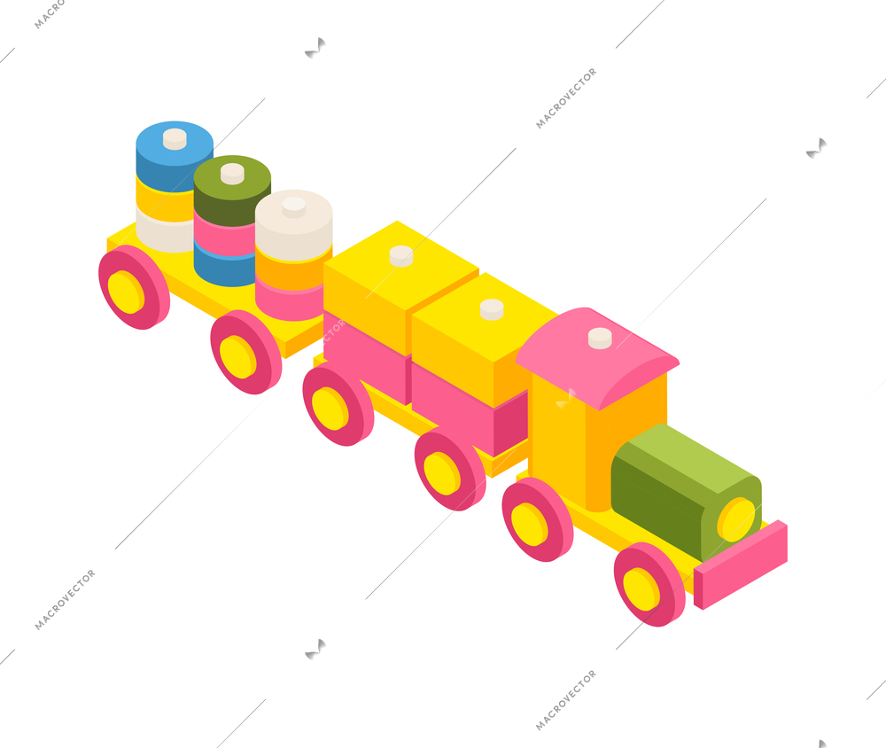 Kindergarten isometric composition with isolated image of toy playtrain on blank background vector illustration