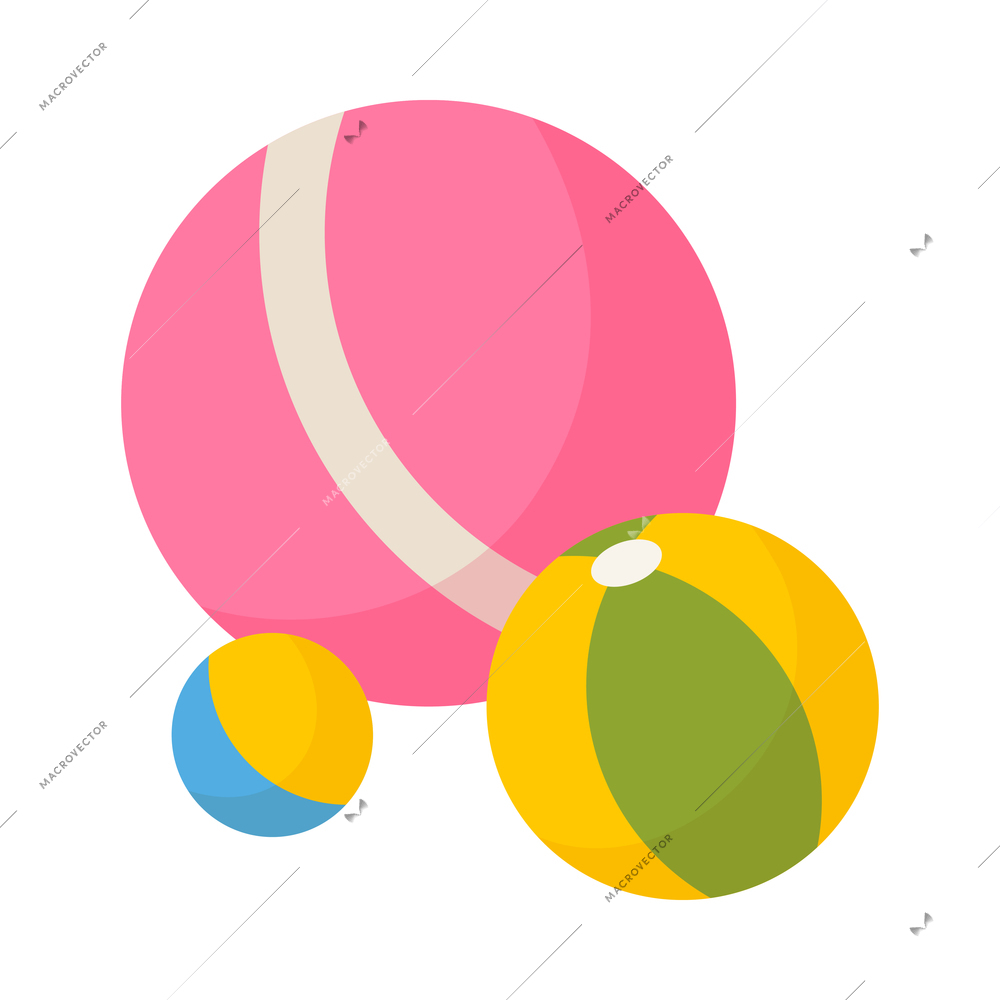 Kindergarten isometric composition with isolated images of colorful toy balls on blank background vector illustration