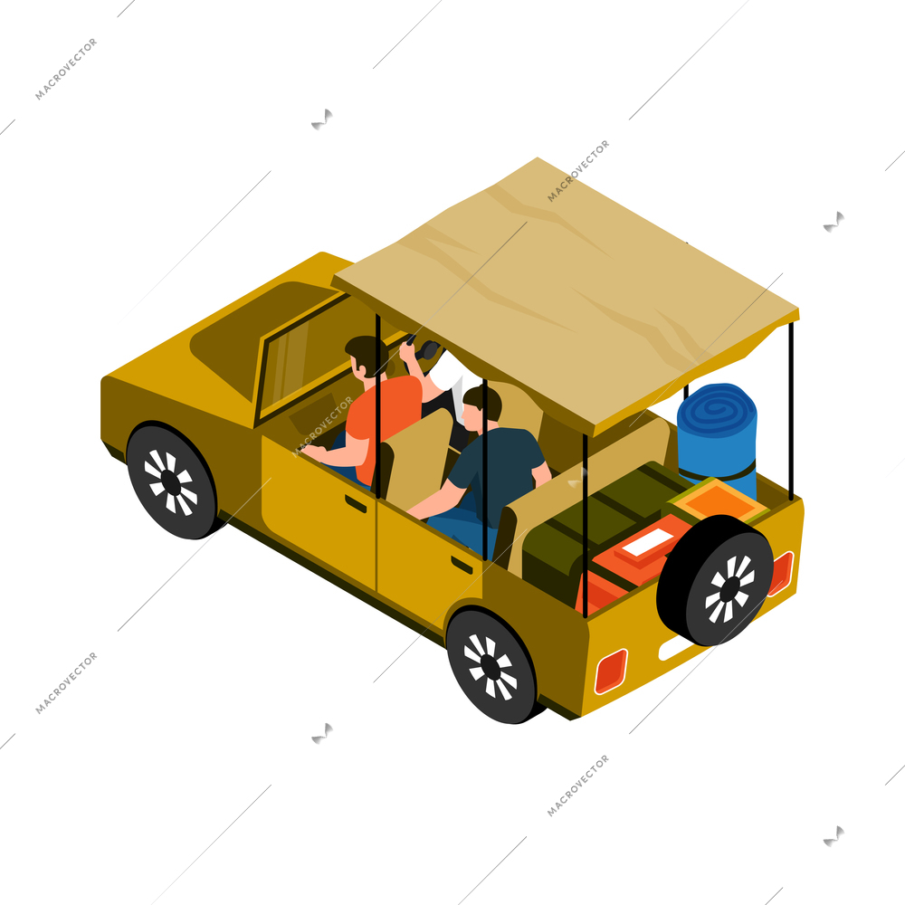 Isometric safari composition with isolated image of car with tourists on blank background vector illustration