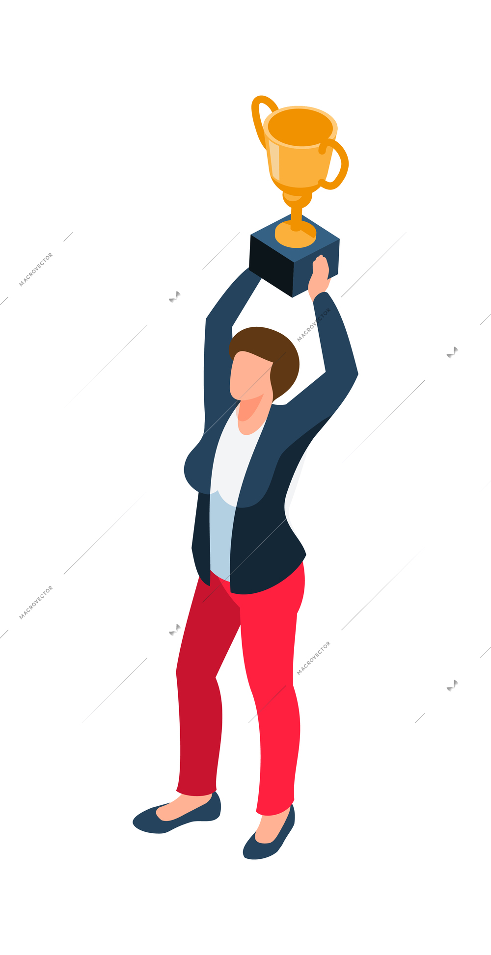 Isometric winner businessman composition with human character of businesswoman holding cup award on blank background vector illustration