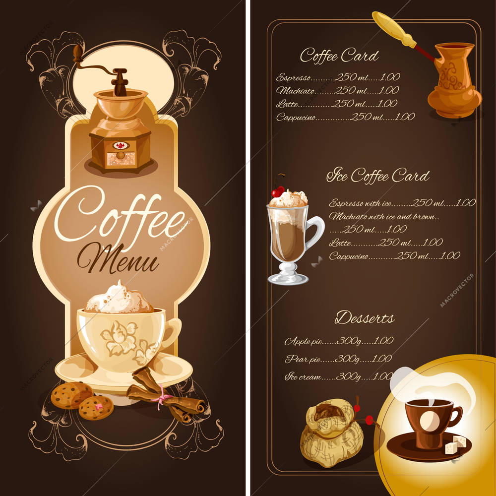 Cafe menu list template with hot ice coffee desserts elements and ornament vector illustration