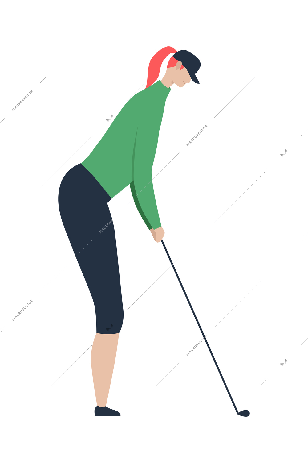 Healthy lifestyle flat composition with isolated character of woman playing golf with brassie on blank background vector illustration