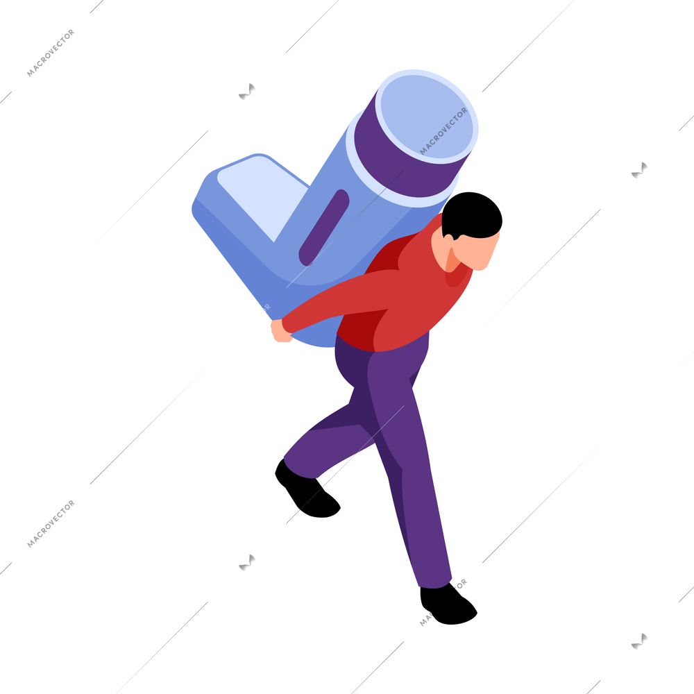 Isometric allergy composition with character of man carrying inhaler on back on blank background vector illustration