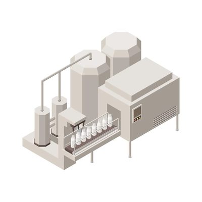Milk production isometric composition with isolated image of industrial facility on blank background vector illustration