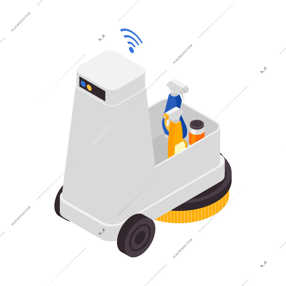 Professional cleaning service isometric composition with image of robotic cart with brush and detergents on blank background vector illustration