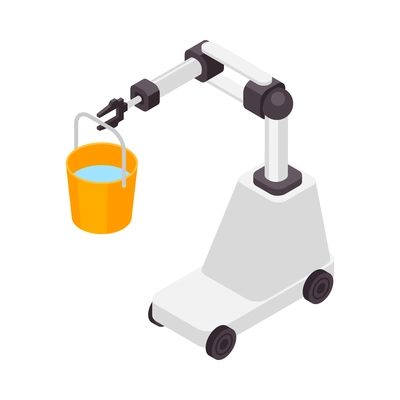 Professional cleaning service isometric composition with image of robotic cart with arm moving bucket on blank background vector illustration