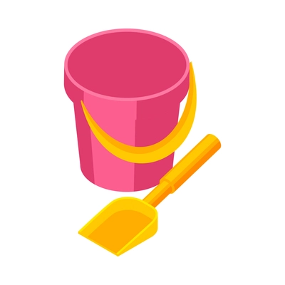 Kindergarten isometric composition with isolated images of toy bucket and shovel on blank background vector illustration