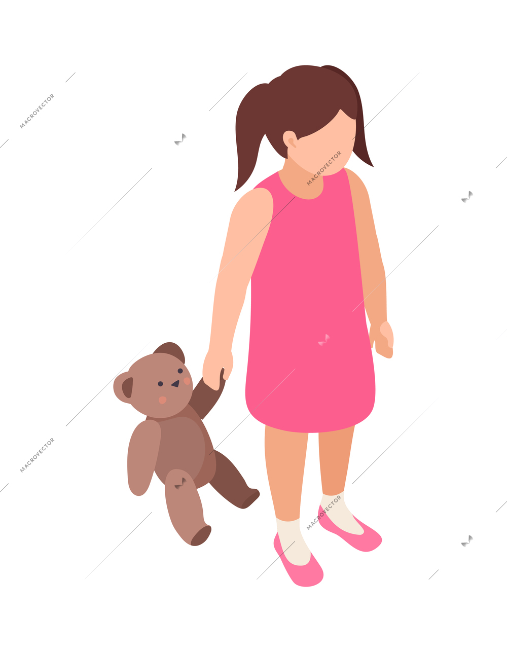 Kindergarten isometric composition with isolated character of little girl holding teddybear by hand on blank background vector illustration