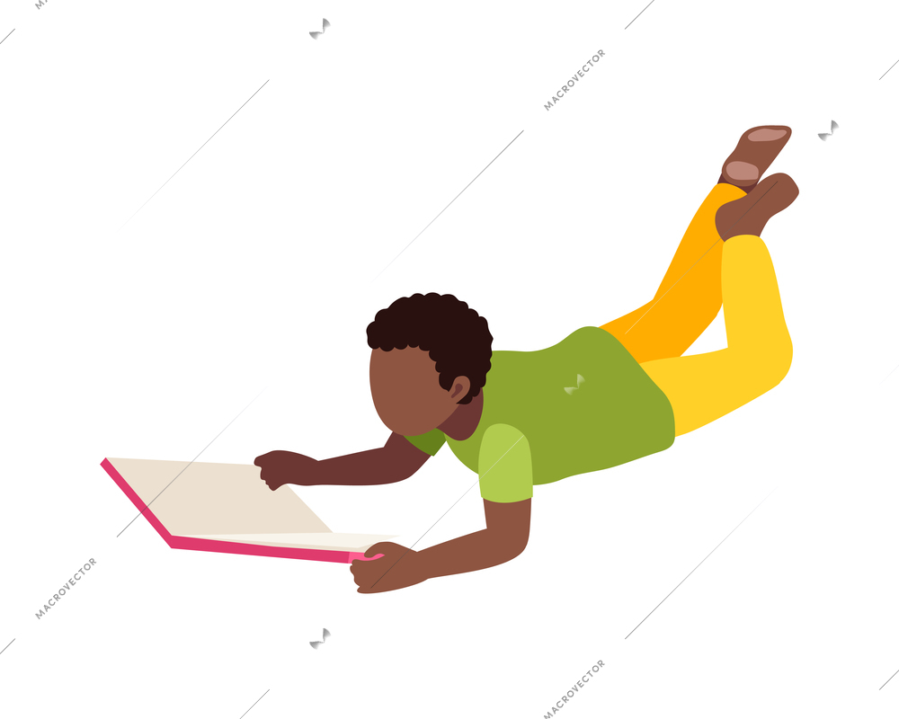 Kindergarten isometric composition with isolated character of boy lying on floor with book on blank background vector illustration