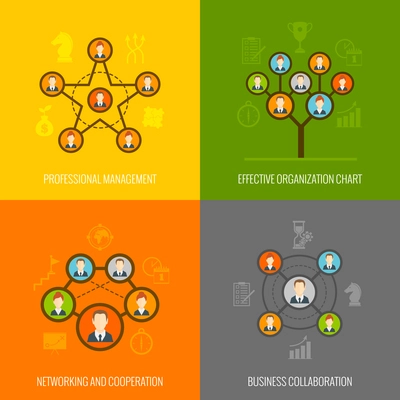 Connected people social network human hierarchy and communication concept flat icons set isolated vector illustration