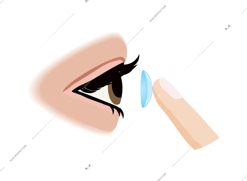 Ophthalmic eye care test composition with isolated image of human eye with finger applying contact lens vector illustration