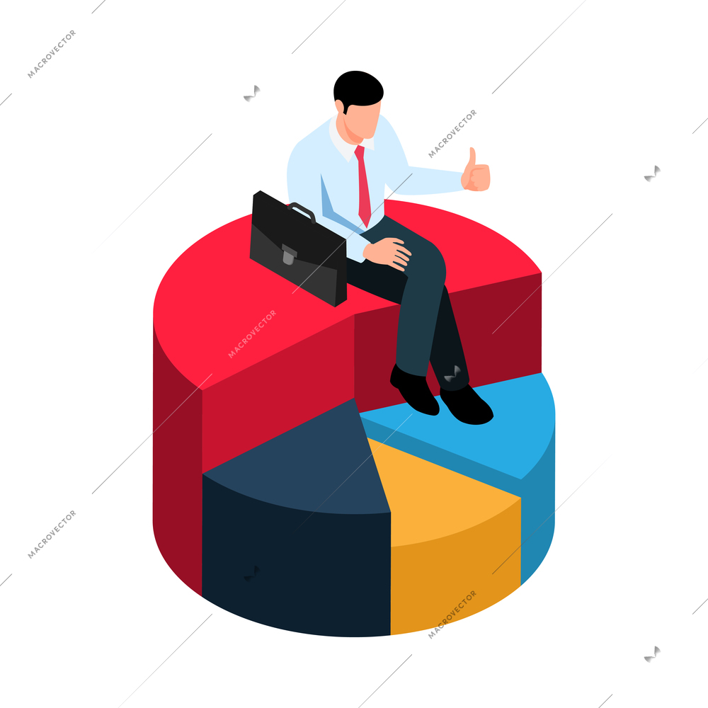 Isometric winner businessman composition with human character of business worker sitting on radial chart on blank background vector illustration