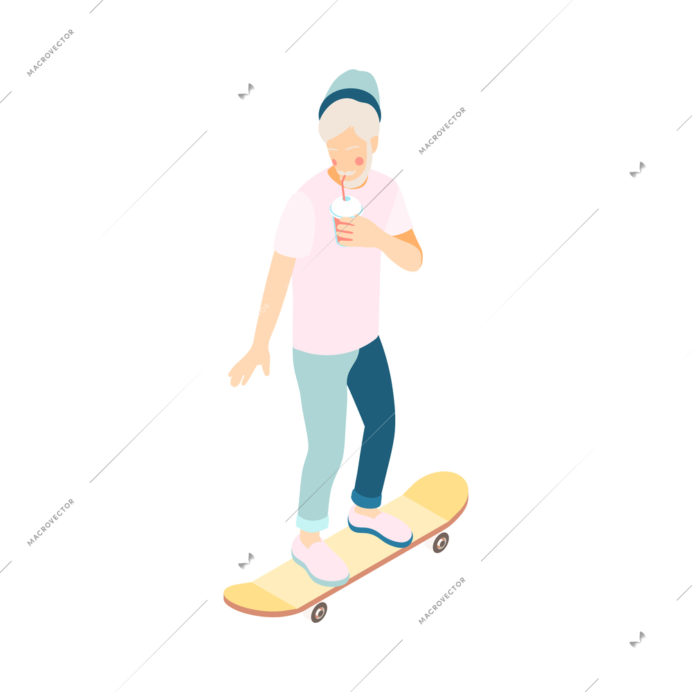 Modern elderly people isometric composition with character of old man riding skateboard holding drink cup vector illustration