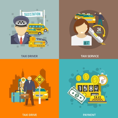 Taxi flat icons set with driver service drive payment isolated vector illustration.